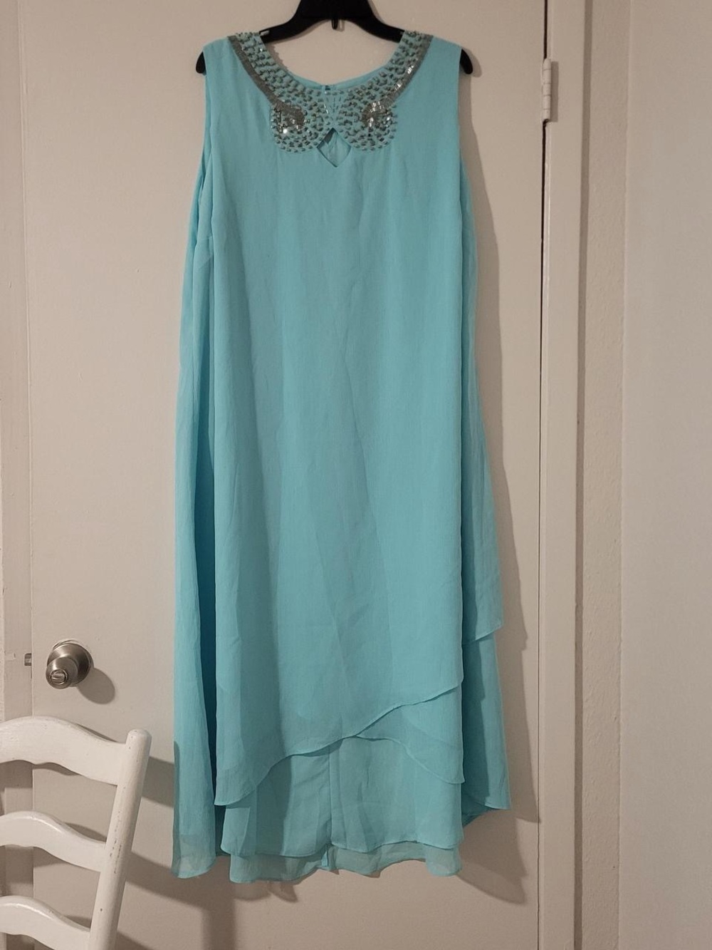 Denim 24/7 Aqua Layered High-Low Dress with Embellished Collar